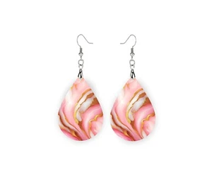 Earrings, Pink and White Marbl Print Wood Dangle Teardrop Print Earrings Jewelry - Picture 1 of 8