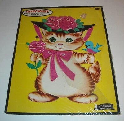 FUZZY WUZZY WHITMAN FLOCKED PRE SCHOOL PICTURE PUZZLE FRAME TRAY UNUSED w CELLO - Image 1 of 3