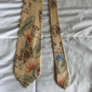 Vintage Tommy Bahama, Yellow Tropical Tie With Palm Leaves, Flowers, Beach Scene - Picture 1 of 6
