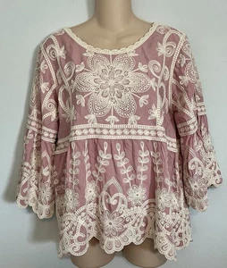 Camicetta Anthro Kindred ricamata donna M rosa scollo a scoop femminile contadina boho - Foto 1 di 6
