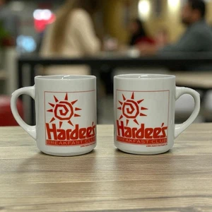 Vintage 1993 Hardee’s Coffee Mug Breakfast Club Crew Sun Ceramic Cup SET OF 2 - Picture 1 of 9