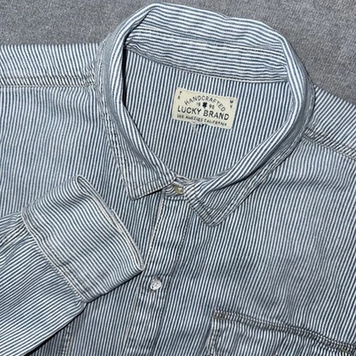 Lucky Brand Shirt Men Medium Chambray Hickory Railroad Stripe Ombre Metal Button - Image 1 of 4