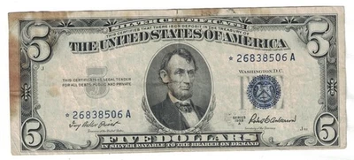 **1953 A $5 FIVE DOLLARS SILVER CERTIFICATE STAR NOTE FR 1656* - Image 1 of 2