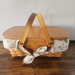 Vintage Longaberger 2000 Picnic Basket Floral Cotton Liner & Plastic Liner W/Lid - Picture 1 of 11