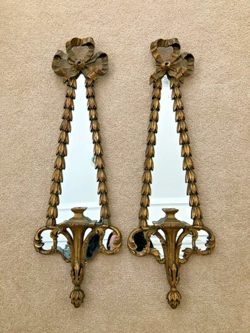 Pair of Antique Italian Wood Gesso Mirrored Gilt Wall Sconce Candle Holders Cover