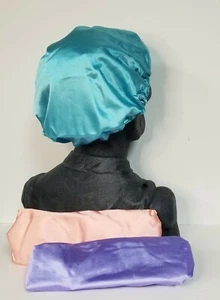 AmazerBath Hair Bonnets Night Cap Shower Cap Set of 3 pink purple teal - Picture 1 of 12