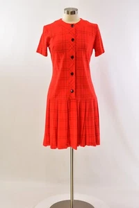 60s Womens M Drop Waist Shirt Dress Orange Black Plaid Pleated Button Front Mod - Picture 1 of 4