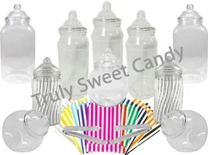 10 Assorted Plastic Sweet Jars 2 Tongs 50 Bags TWO STYLES OF LID Candy Buffet - Picture 1 of 24