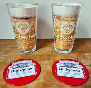 Set of 2 New Classic Budweiser King of Beers Pint Glasses & Coasters - Picture 1 of 13