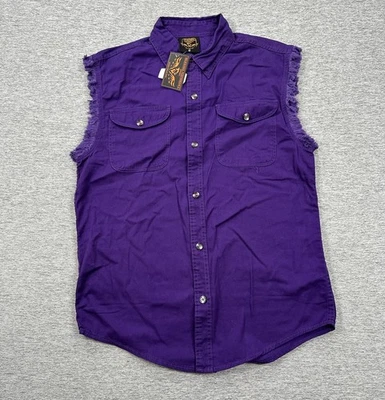 Milwaukee Performance Denim Vest Mens Medium Purple Sleeveless Button Down NEW - Image 1 of 4