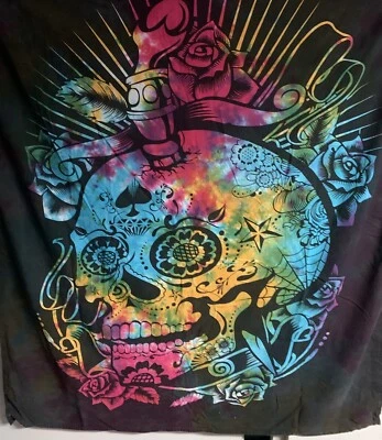 Tapiz Boho Calavera Multicolor - Algodón Tie-Dye Colgante de Pared 58x48 Pulgadas Agujero* Foto 1 de 4