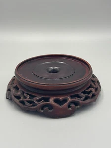 Jarrón antiguo chino tallado a mano con soporte de palo de rosa base de madera de exhibición 5 1/2"" - Imagen 1 de 11