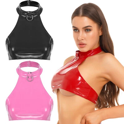 MARKENLOS DE Freebily Damen Wetlook Crop Top Lackleder Tank Tops Ärmellos Metallic Party