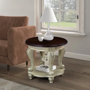 22'' Two Tone Round End Table,Solid Wood Sofa Side Table with Shelf,Living Room - Picture 1 of 12