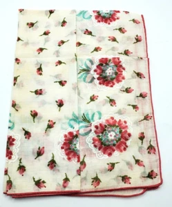 Autentico fazzoletto floreale Burmel 1950-1960 bordo rosso ricamato 13"x13" - Foto 1 di 5