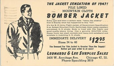 Bomber Jacket Ad on 1c Jefferson prepaid postcard #UX26, Great graphics! - Image 1 of 2