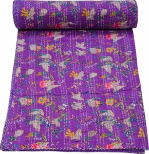 Quilted Kantha Handmade Cotton Floral Throw Bedspread Quilt Kantha Queen - Picture 1 of 5