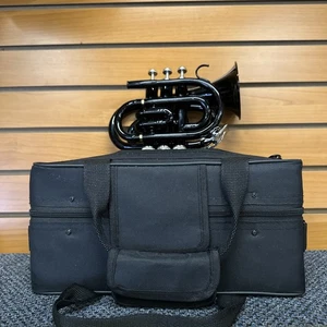 Black Bb Pocket Trumpet Brass Lacquer Build &C Mouthpiece with Soft Hard Case - Picture 1 of 9