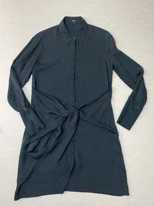 Theory Talbilla Knotted Silk Crepe De Chine Shirt Dress Deep Blue Green Sz 0 - Picture 1 of 11
