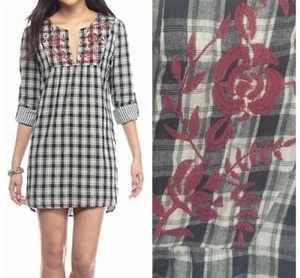 Buffalo Check Black Gray Plaid Tunic Shirtdress Floral Embroidery Sz S - Picture 1 of 5