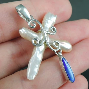 925 Sterling Silver Natural Doublet Opal & Biwa Pearl Pendant Jewellery, OP-05 - Picture 1 of 5