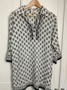 Antica Sartoria Women’s Cotton Tunic Top Large White Black Floral Artisan Kaftan - Picture 1 of 15