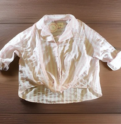 UMGEE Blouse Womens Large Pink White Striped Faux Wrap Lightweight Button Up NWT - Image 1 of 4