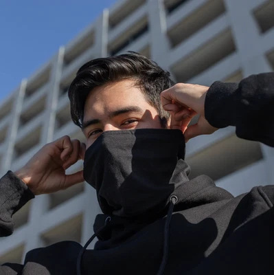 Heavyweight Face Mask Hoodie - Quality Mask Hooded Pullover Sweater (Black) - Image 1 of 4