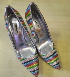 Dune Ladies Multicoloured Striped Beaded Very High Heel Shoes.. Size 6.. USED.. - Picture 1 of 12