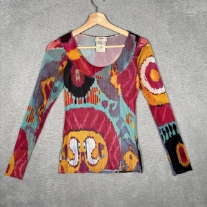 90s FUZZI Long Sleeve Blouse Top Small Multicolor Abstract Scoop Neckline Mesh - Picture 1 of 13