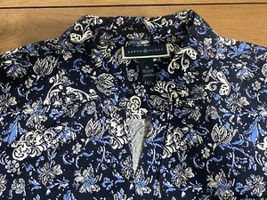 Blusa informal Karen Scott para mujer XL Top azul marino estampado floral manga corta - Imagen 1 de 6