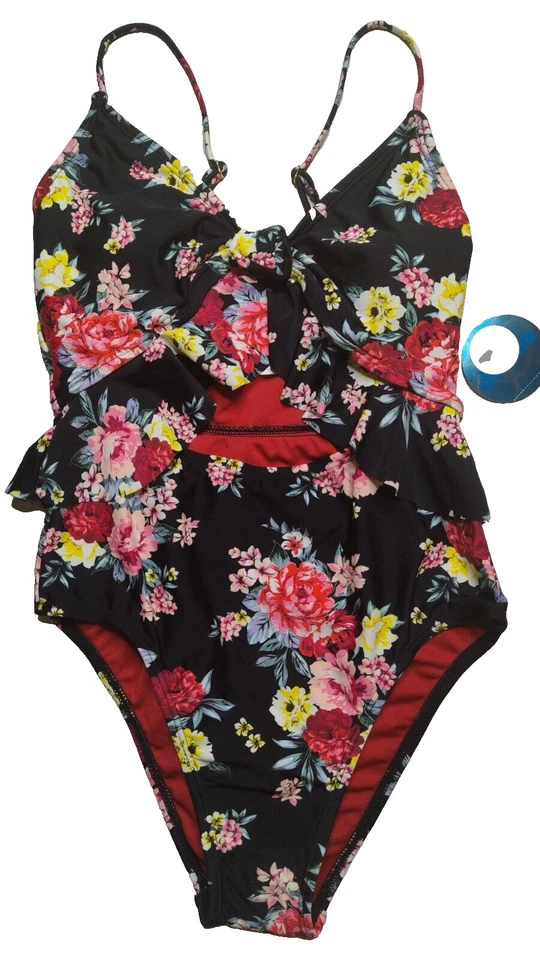 Traje de baño de una pieza negro cobertura descarada estampado floral Decree XS para mujer NUEVO Foto 1 de 4