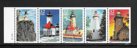 Great Lakes 1995 Lighthouses #2969-73 (2973a) Mint NH Se-tenant Pane with Plate# Cover