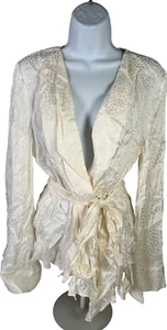 NEW BCBGMaxazria Women’s Ivory Satin Bell Sleeve Wrap Blouse - M - Picture 1 of 4