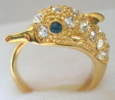 Moda Anillo de Delfín Chapado en Oro 18KGP Cristal Ojos de Zafiro Circonita Cúbica Azul Foto 1 de 3