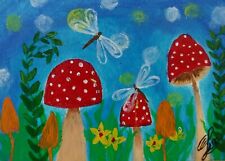 ACEO Original Acrylic Painting MUSHROOMS FAIRY GARDEN Miniature Art Card New