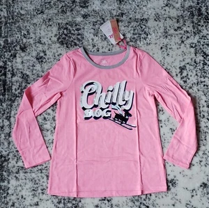 Justice Crew Neck Long Sleeve TShirt Girl 10 Pink Gray Chilly Dog Skiing NWT - Picture 1 of 3