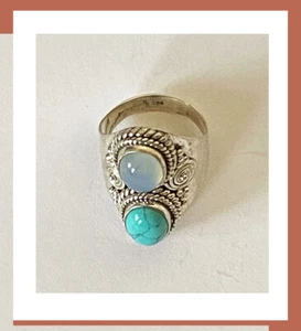 Anillo artesanal de plata esterlina de piedra lunar turquesa natural hecho a mano de la India - Imagen 1 de 6
