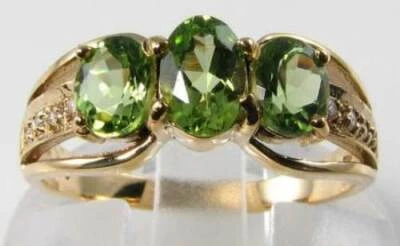 9K 9CT GOLD PERIDOT DIAMOND TRILOGY ART DECO INS 3 STONE RING FREE RESIZE - Image 1 of 4