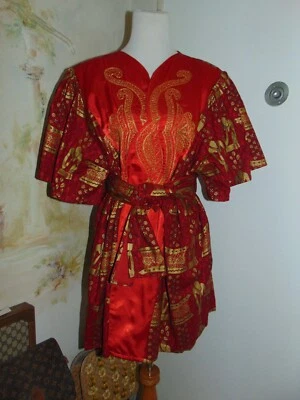 Vestido bata batik pueblo africano rojo dorado tribal prt con bufanda OS manga con volantes Foto 1 de 4