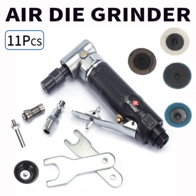 11Pc 1/4'' Pneumatic Air Right Angel Die Grinder Polisher Sander Kit Rotary Tool - Image 1 of 4