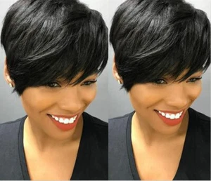 Women Short Black Human Hair Wigs Pixie Cut Wigs with Bangs Natural Looking Wigs - Picture 1 of 22