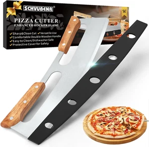 14" Pizzaschneider Wippe Edelstahlklinge mit Holzgriffen & Deckelwerkzeug - Bild 1 von 10