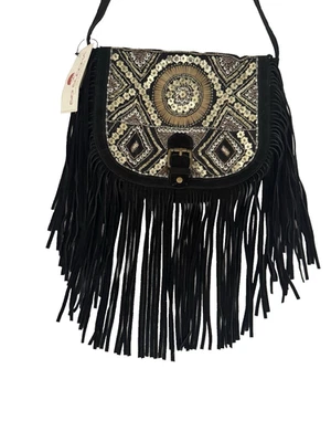 Bolso Bandolera Big Buddha Hombro Negro Gamuza Flecos Dorado Cuentas Bohemio - Nuevo con Etiquetas Foto 1 de 4