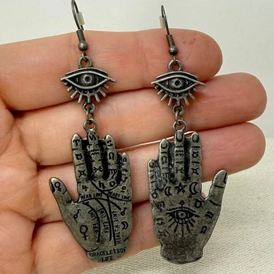 Palmistry Hand Evil Eye Dangle Earrings Witchy Fortune Teller Boho Fatima - Image 1 of 4