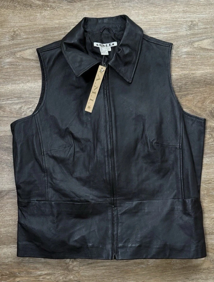 NWT AMI Black Leather Vest Size XL Dark Brown - Image 1 of 4