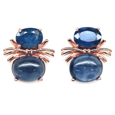 925 Sterling Silber Rotgold Plattiert 7 x 8 Mm. Blauer Saphir Ohrringe - Bild 1 von 4