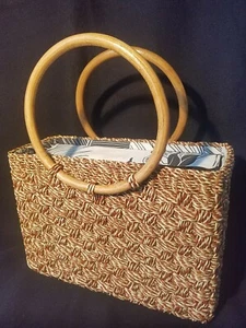 straw wicker box purse handbag basket round handles zipper lined Boho retro - Picture 1 of 7
