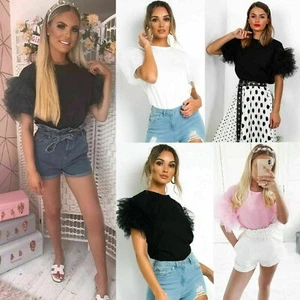 Damen Frauen Tüll U-Ausschnitt Rüschen Netz Puff Kurzarm Party Tee TShirt Top - Bild 1 von 6