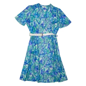 C&A Tea Womens A-Line Dress Blue Floral Short Sleeve Midi L - Picture 1 of 6